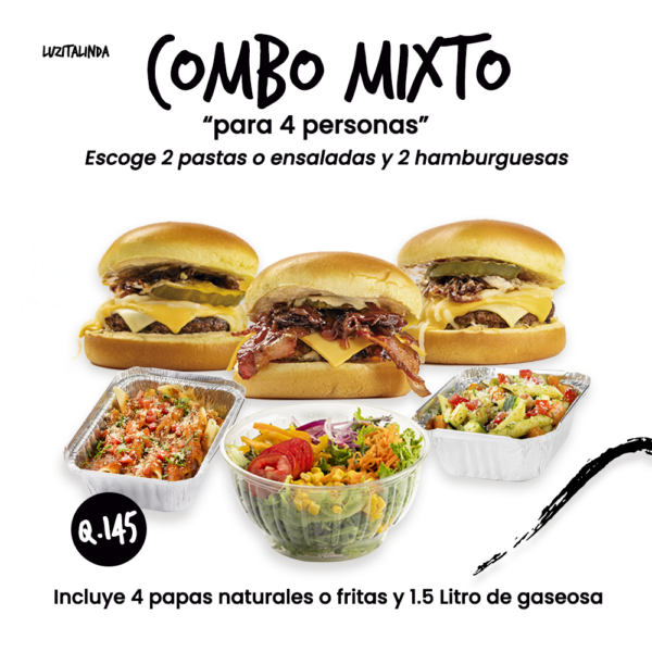 Combo mixto hamburguesa, pasta o ensalada en Guatemala